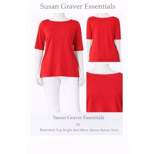 Susan Graver Essentials 3X Butterknit Top Bright Red Elbow Sleeve Bateau
